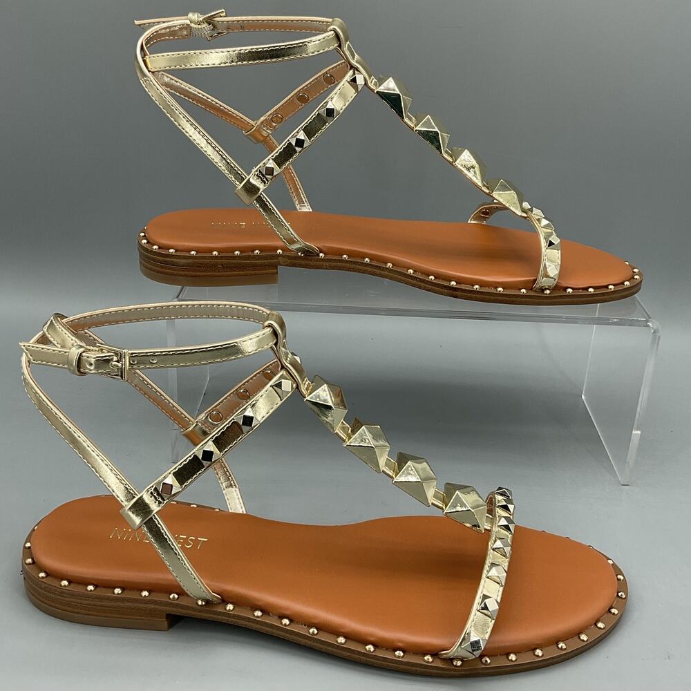 NEW Nine West Women’s Marcila3 Studded Ankle Strape Sandals Gold Size 9M